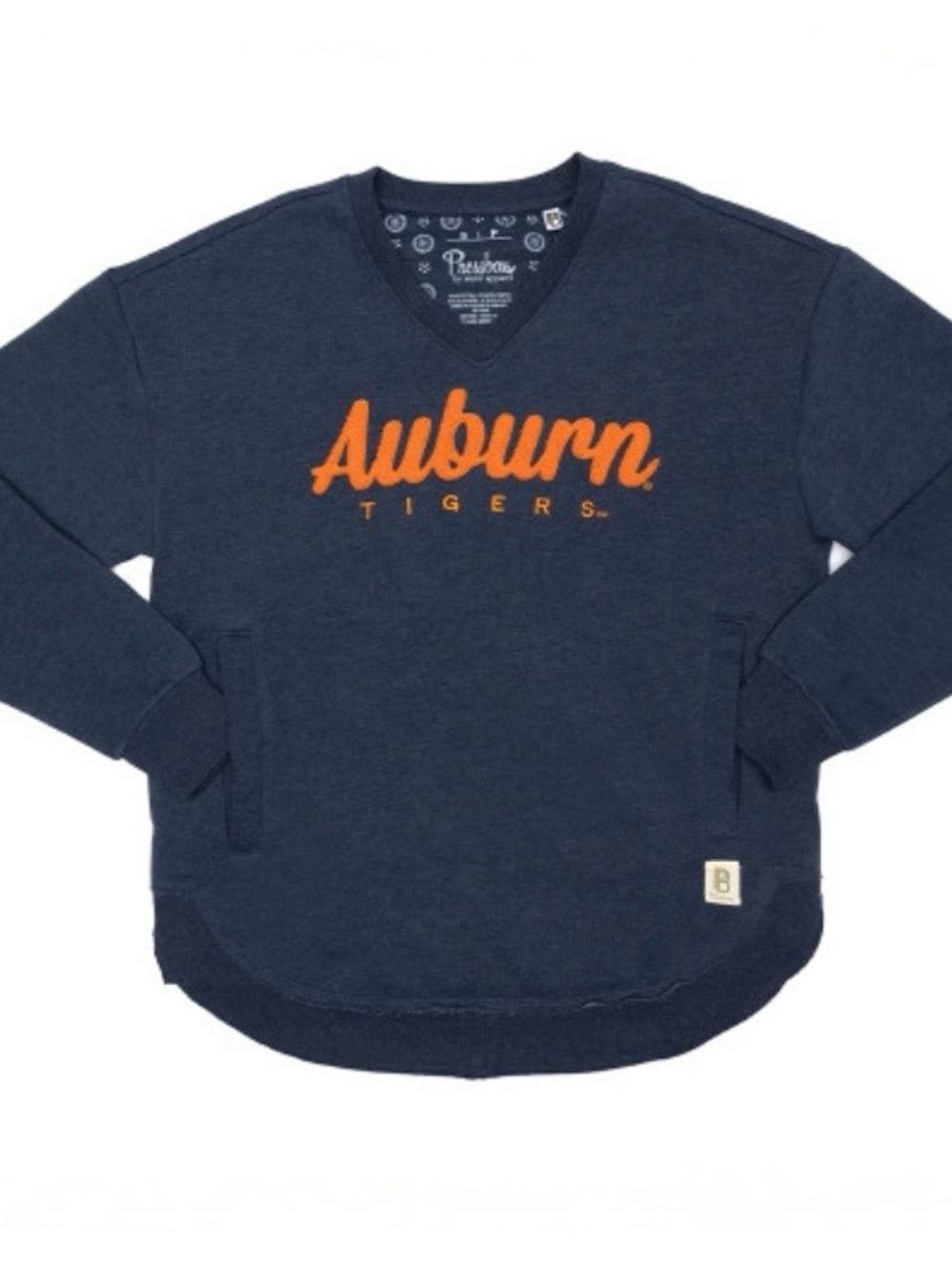 Pressbox Navy V-Neck Sweater with Orange Auburn Script